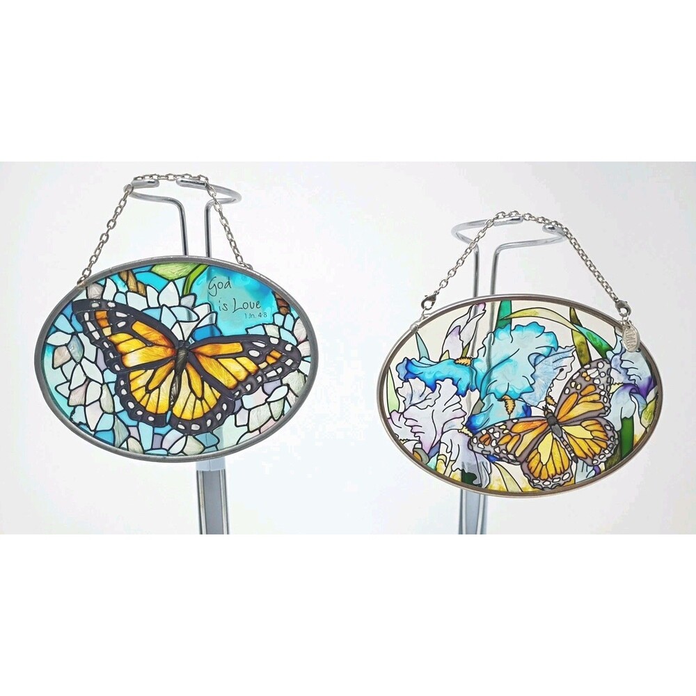 AMIA Suncatchers 4.5” Painted Glass Oval Monarch Butterfly & Flowers Set Of 2